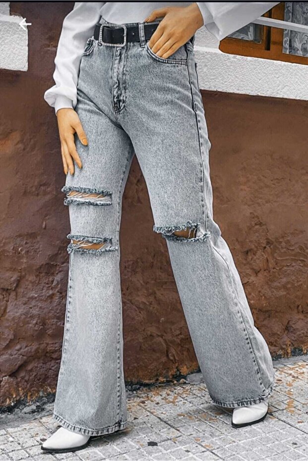 Yırtık S.o.l.m.a.z Mavi Kar Yıkama Süper Yüksek Bel Salaş Jean Pantolon. (SÜPER YÜKSEK) Wide Leg - 5