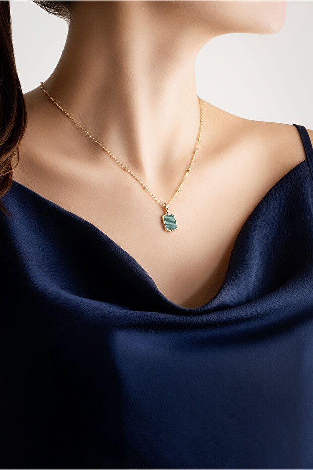 Malahit Işığı 18 Ayar Sarı Altın Kaplama 47 Cm Gümüş Minimal Kolye - 4