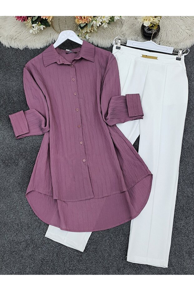 قميص طويل الأزرار بنمط مخطط - الكرز - 1