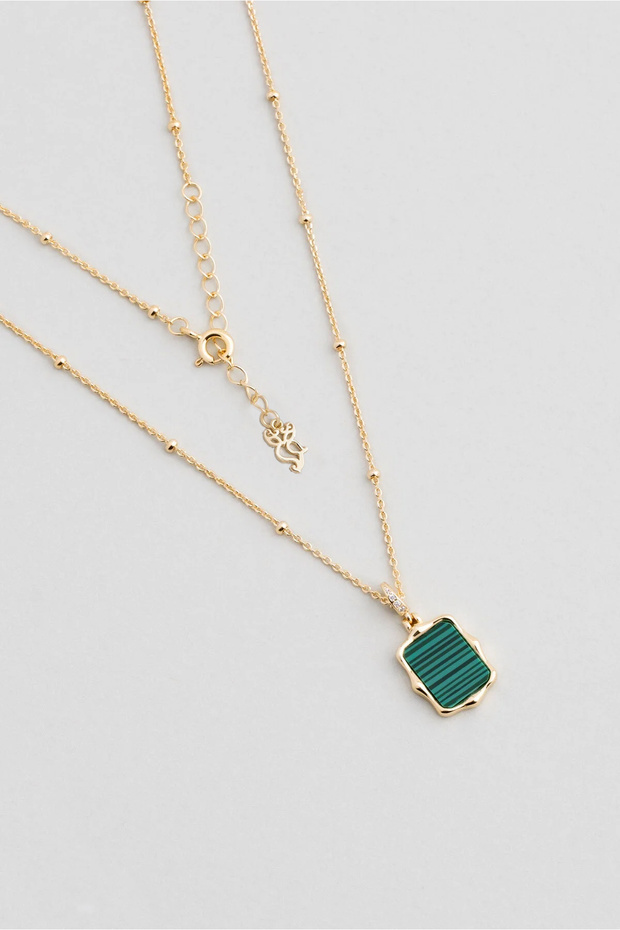 Malahit Işığı 18 Ayar Sarı Altın Kaplama 47 Cm Gümüş Minimal Kolye - 1