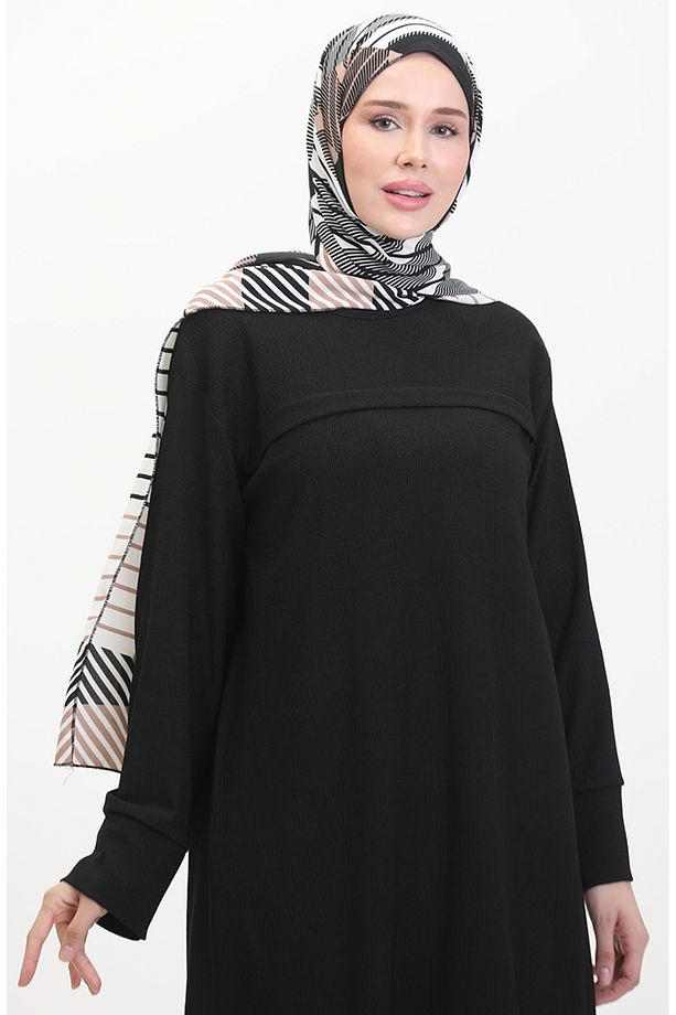 Bürümcük Kumaş Önü Şeritli Tunik 5105-01 Siyah - 3