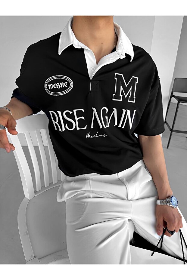 Men's Oversize Fit Flexible 3-Button Polo Collar Embroidered T-Shirt Black