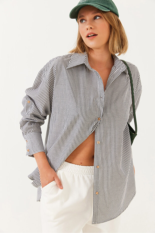 Women's Black Metallic Thread Striped Shirt Mbms021 60501021