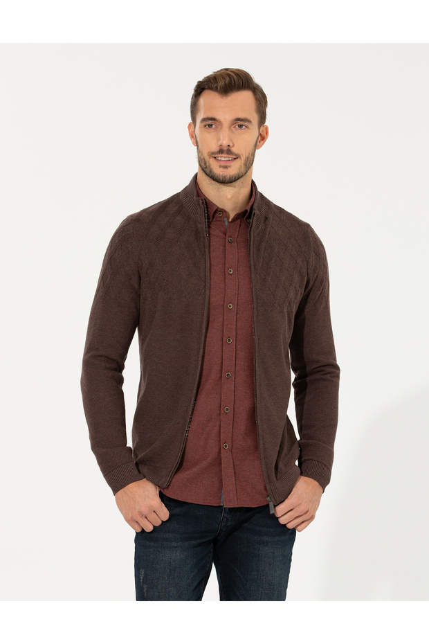 Light Brown Slim Fit Zippered Knitwear Cardigan 50258802-Vr160