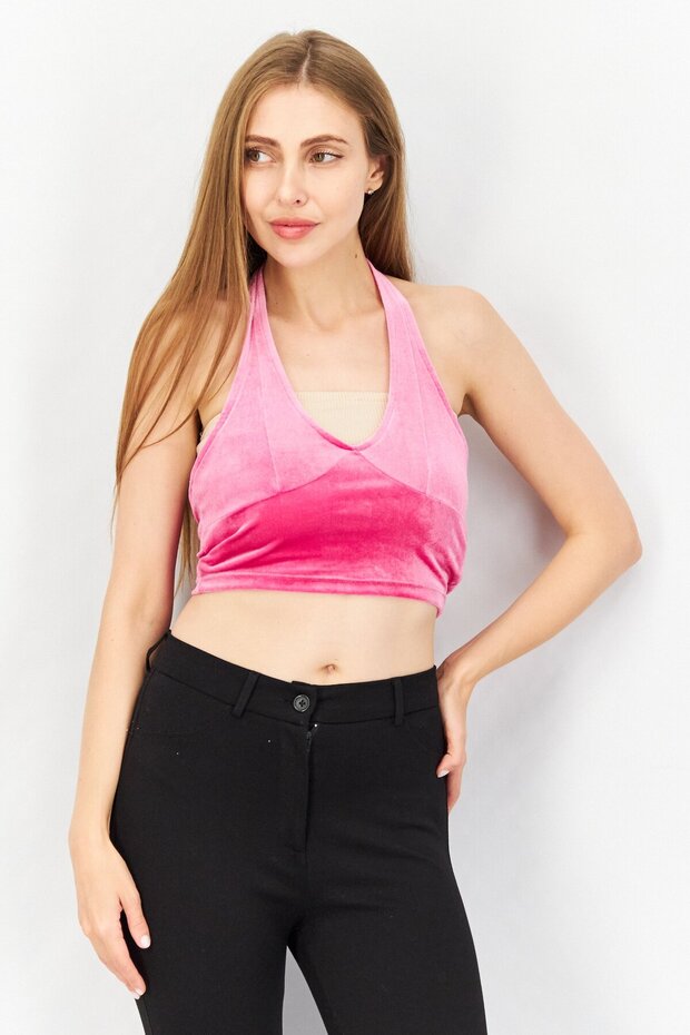 Women Halter Neck Sleeveless Textured Crop Top, Pink
