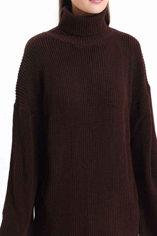 Örgü Kazak Yaka Uzun Kollu Mini Oversize Elbise - 4