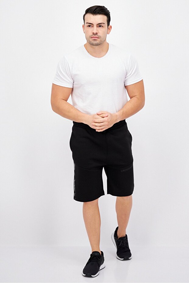Men Drawstring Brand Logo Basic Shorts, Black - 4