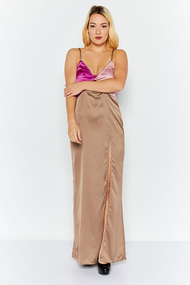 Women Satin Maxi Dress, Mocha