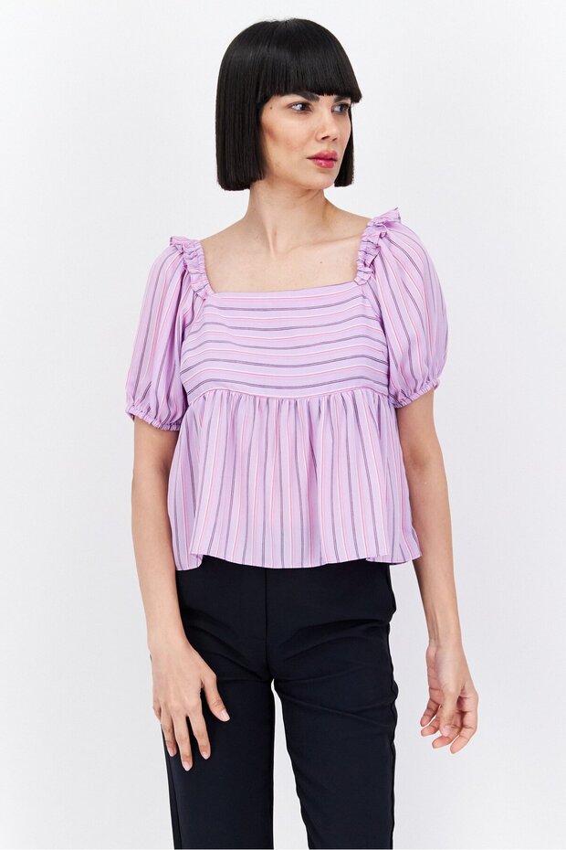 Women Square Neck Puffed Sleeves Stripe Print Top, Lavender Combo