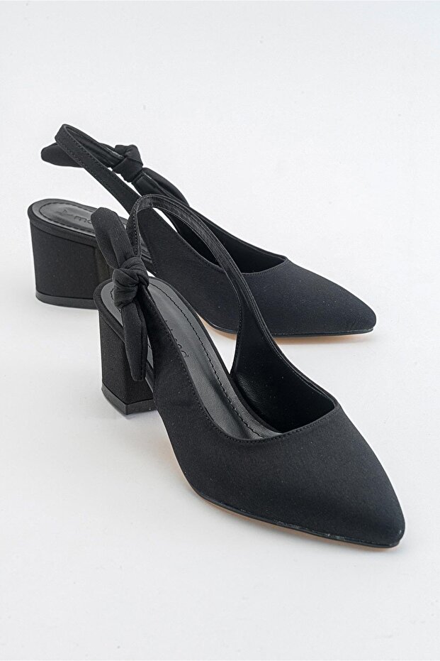 Side Bow Open Back Women's Heeled Shoes Black Zra