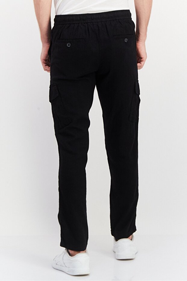 Men Regular Fit Solid Cargo Pants, Black - 3