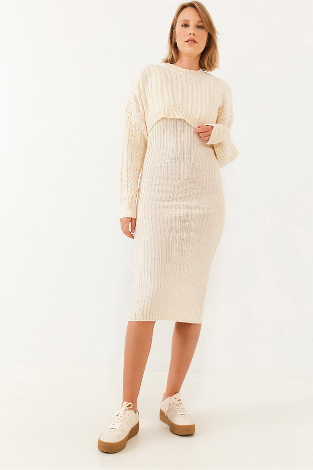 Women's Beige Crop Knitwear Sweater Dress Bottom Top Set 60251816