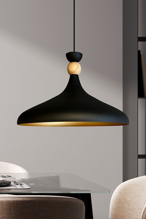 Champion Siyah Ahşap Şapka Tekli Avize Sarkıt Salon Mutfak Cafe Butik Lamba Aydınlatma Avizeler - 1