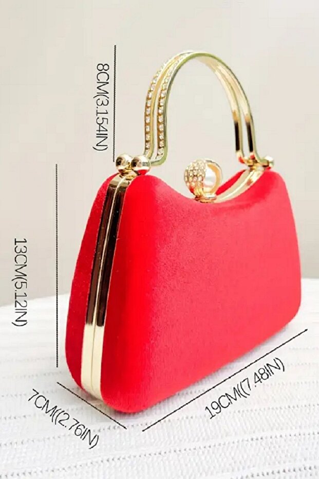 Women's Red Velvet Evening Dress Bag Pearl Unlocking