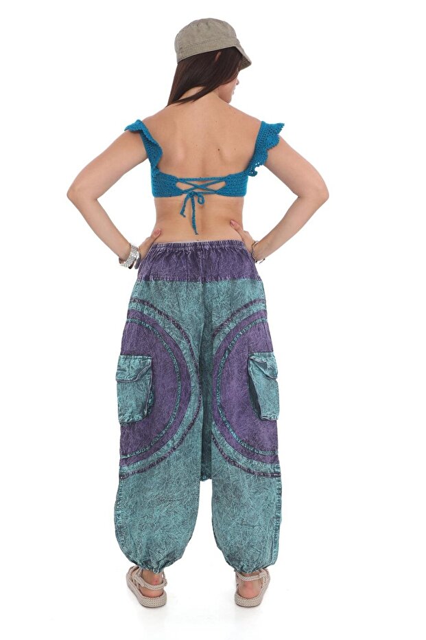 Hint Otantik Yıkamalı Taşlanmış Patchwork Uniseks Şalvar Pantolon - 3