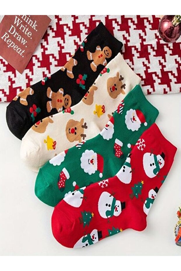Set of 4 Christmas Tree Santa Claus Christmas Patterned Unisex Cotton Scented Socks