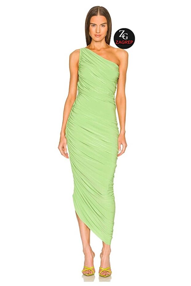 Women's Neon Green One Shoulder Gathered Draped Lined Asymmetrical Dress