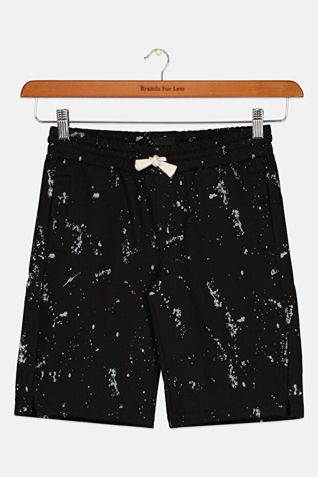 Kids Boy Slim Fit Drawstring Allover Pattern Basic Shorts, Black Combo - 1