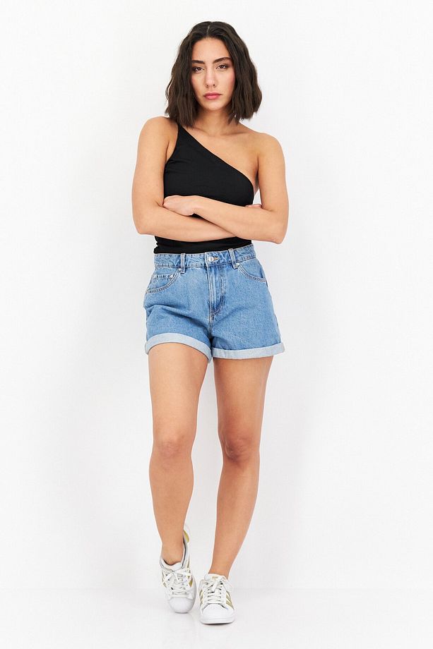 Kadın Mom Fit Yüksek Bel Kot Şort, Mavi - 2
