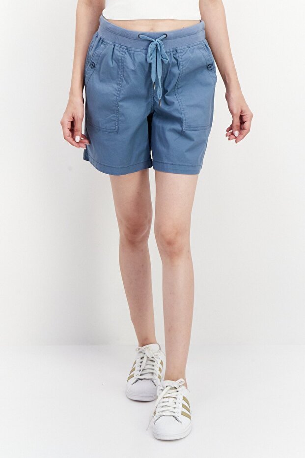 Women Drawstring Plain Basic Shorts, Blue - 1