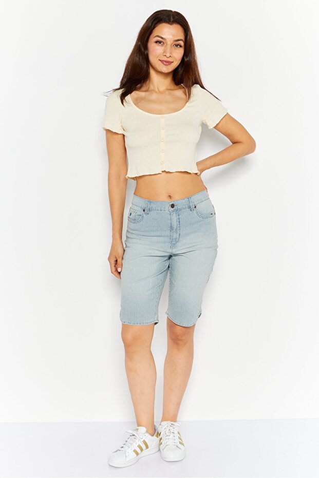 شورت نسائي مخطط أساسي، أزرق - 4