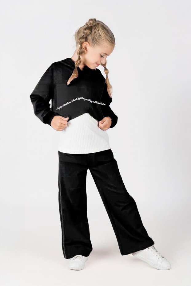 Miniğimin Cicileri Yazı Printed Crop Sweatshirt and Wide Leg Girls' Tracksuit Set - Black