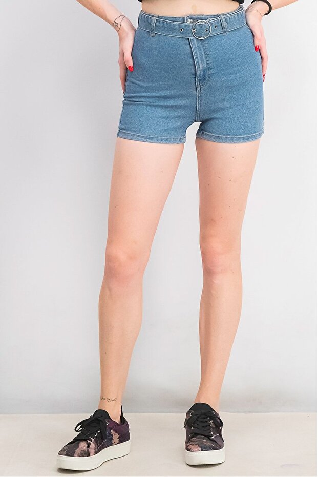 Women Belted Denim Shorts, Blue