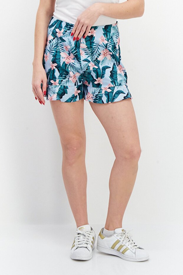 Women Floral Printed Shorts, Light Blue