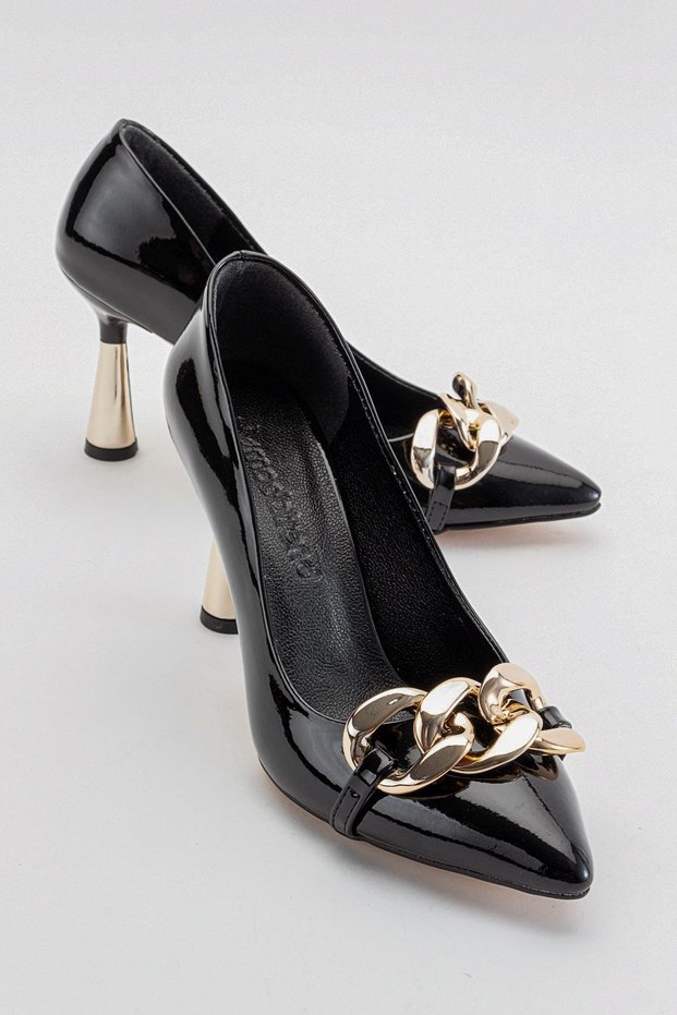 Women's Chain Heeled Shoes Black Patent Leather