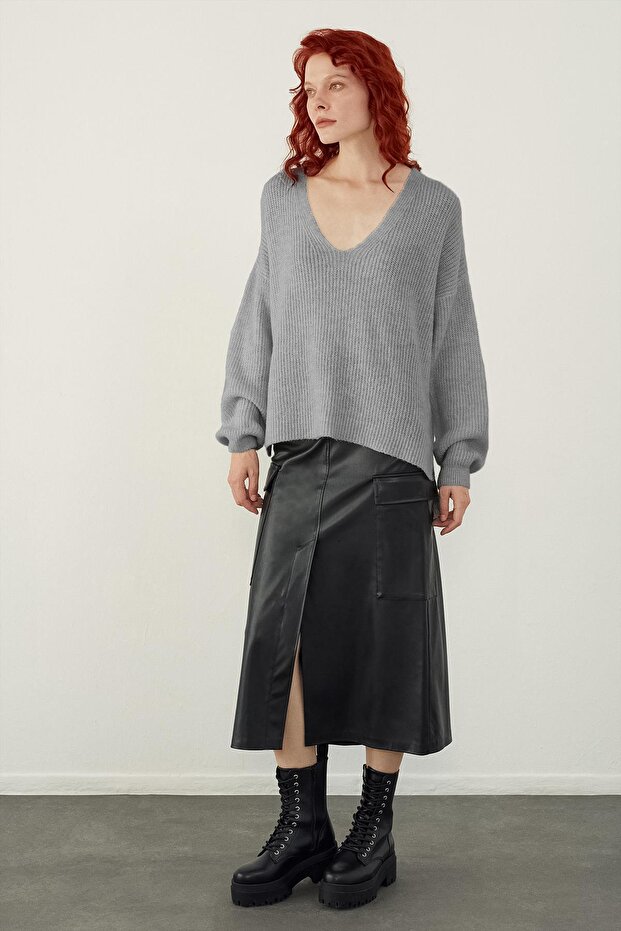 Gray V-Neck Basic Knitwear Sweater - 3