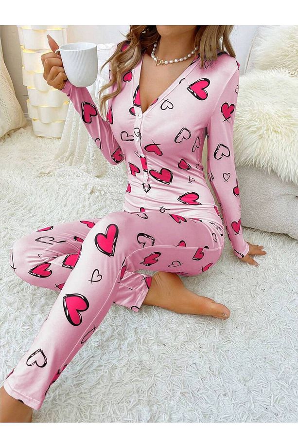 Siyah kalp desenli uzun pijama tulum - 4
