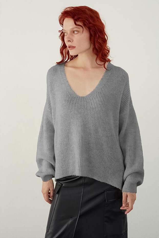 Gray V-Neck Basic Knitwear Sweater - 1