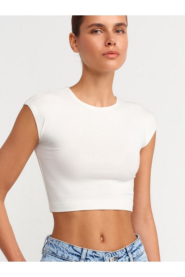 30528 Pamuk ve Modal  Karışımlı Crop Top-Ekru - 4