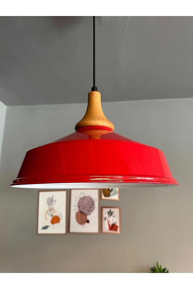 Kırmızı Ahşap Ters Mantar Kafa Tekli Avize Retro Sarkıt Ofis Showroom Salon Mutfak Avizeleri - 4