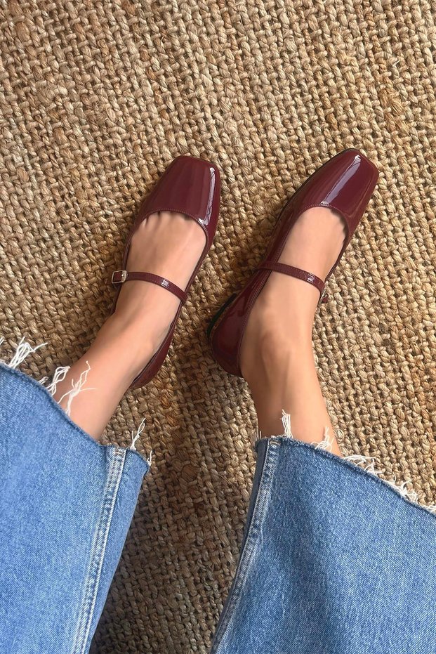 Florina Women's Belt Detail Patent Leather Ballerina Claret Red