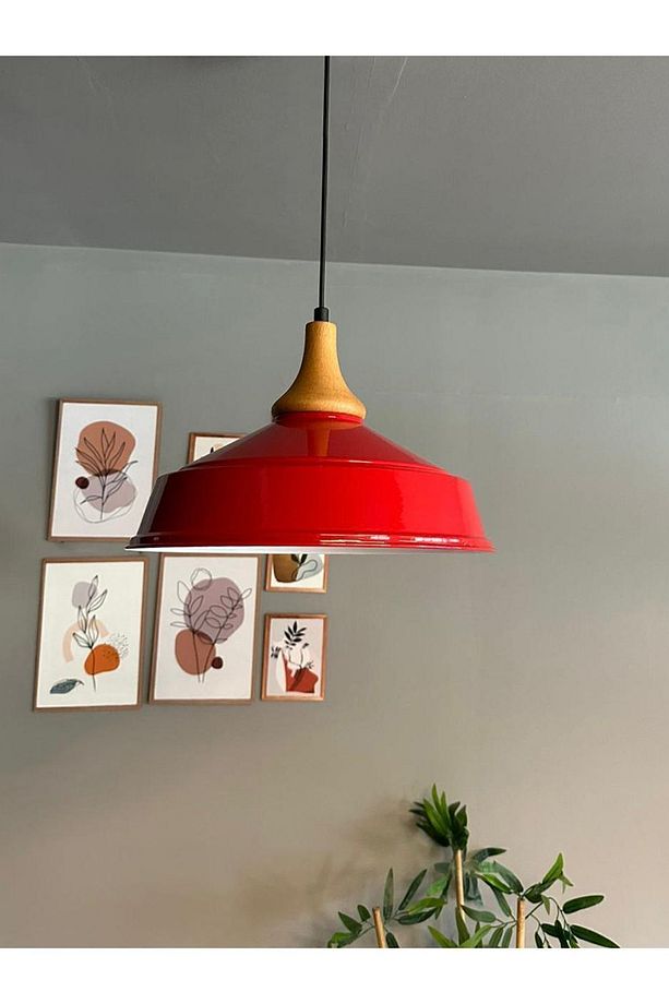 Kırmızı Ahşap Ters Mantar Kafa Tekli Avize Retro Sarkıt Ofis Showroom Salon Mutfak Avizeleri - 3