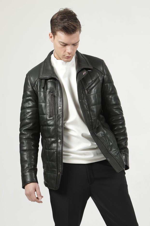 Ottowa Men's Jumbo Stitched Genuine Leather Coat Green