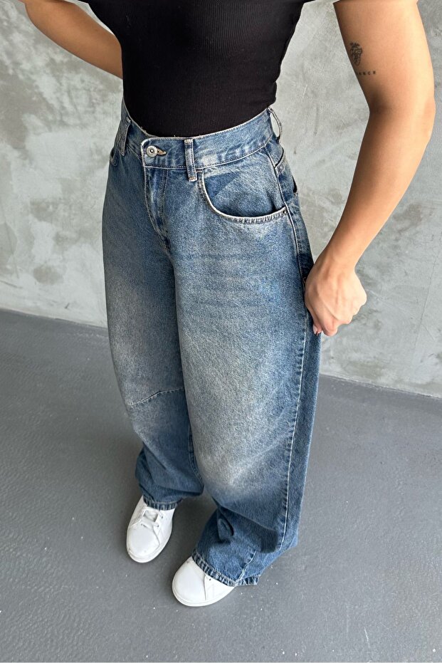 macharel jeans Toka Detaylı Koyu Mavi Bol Kesim Geniş Paça Rahat Baggy Jean Pantolon