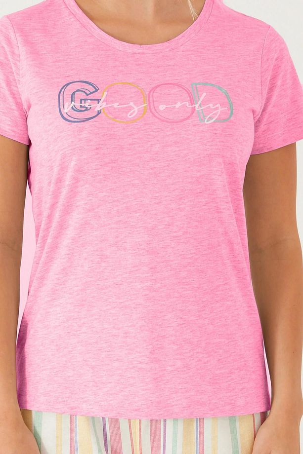 Good Vibes Only Pembe Kadın Kısa Kol Pijama Takım - 4