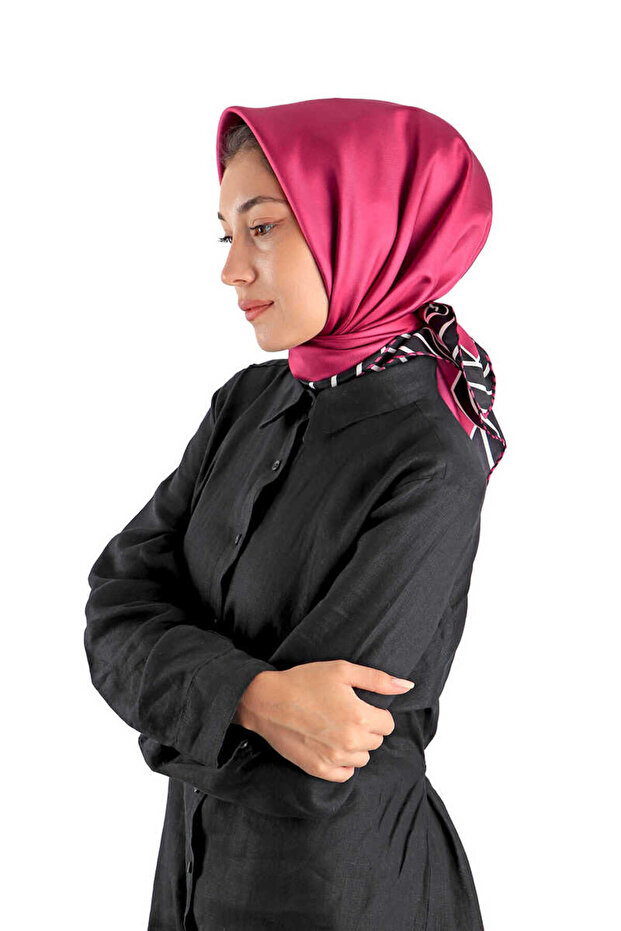 Fuchsia Line Pattern Twill Silk Scarf - 2