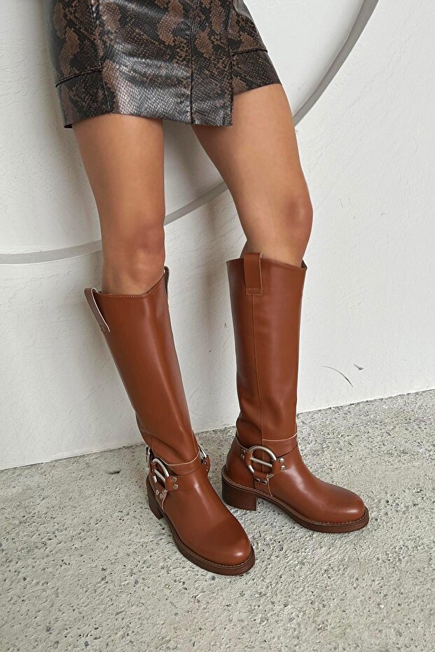 Legend Women's Belt Detail Rider Leather Boots Tan