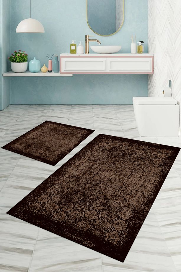 Dijital Baskılı Yıkanabilir Kaymaz Klasik Model Banyo Paspası Klozet Takımı, KLOZET-94-KAHVE, - 3