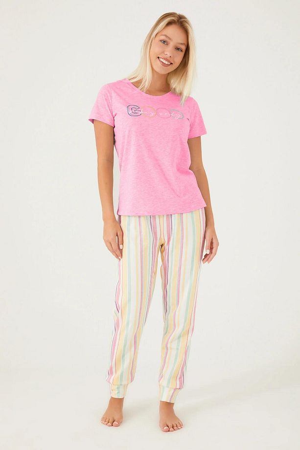 Good Vibes Only Pembe Kadın Kısa Kol Pijama Takım - 1