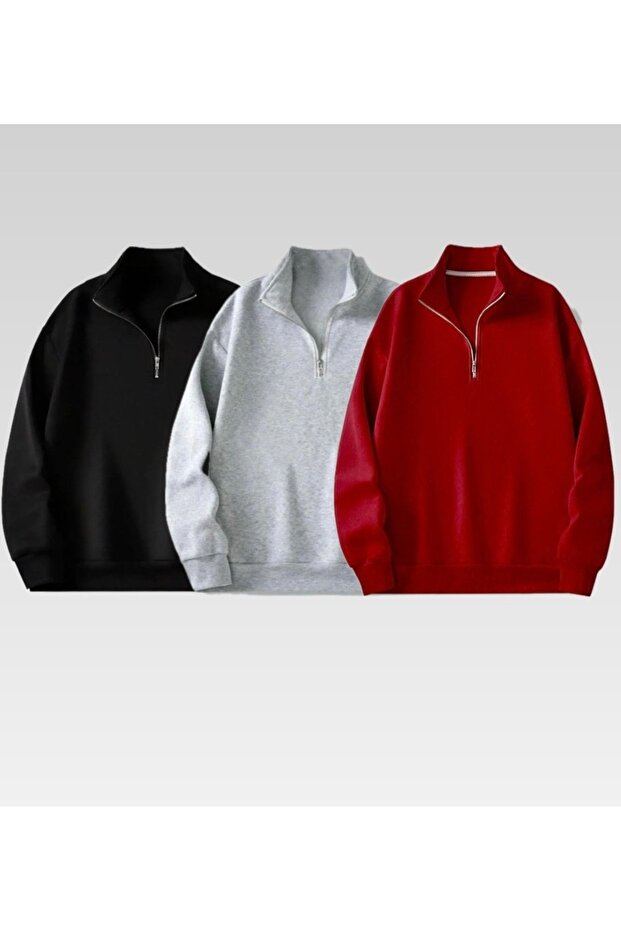 3-Piece Stand Collar Zippered Plain Sweater Sweatshirt Black Gray Red
