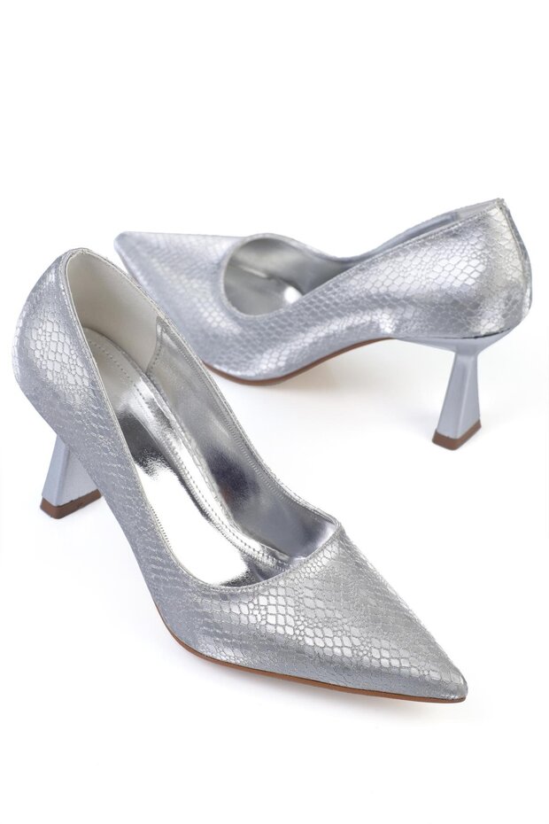 Luana Women's Stiletto Crocodile Patterned Heeled Shoes Silver Glitter