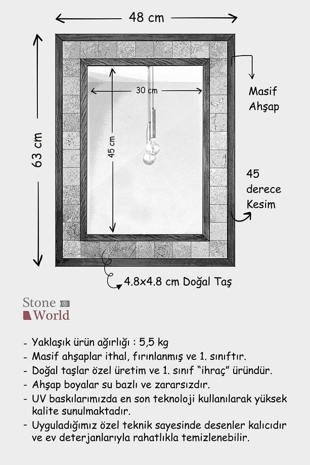 Çiçek Temalı, Masif Ahşap Ve Desenli Mermerden Dekoratif Ayna - 48x63cm - 024.1 - 3