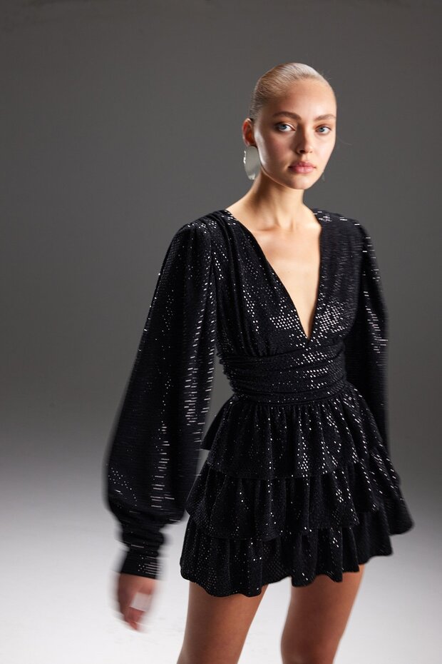 Vatkalı shiny mini elbise - 5