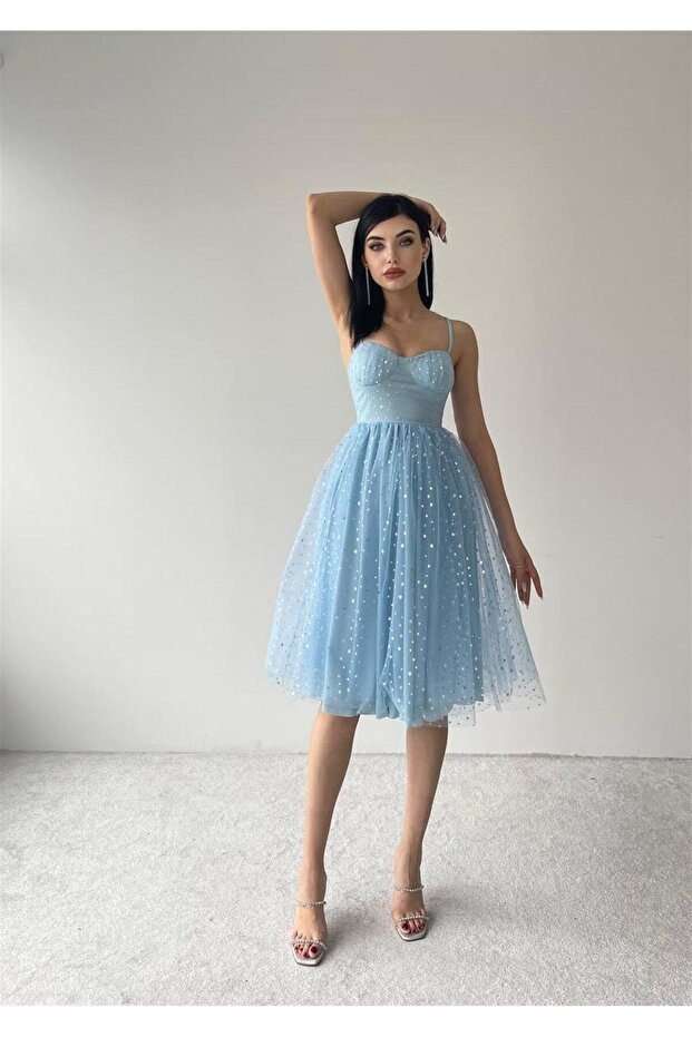 Askılı Edwin Yıldız Elbise - Mavi - 4