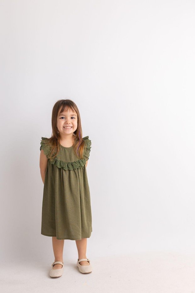 Robadan Lace Sleeveless Buttoned Linen Girls' Dress Khaki