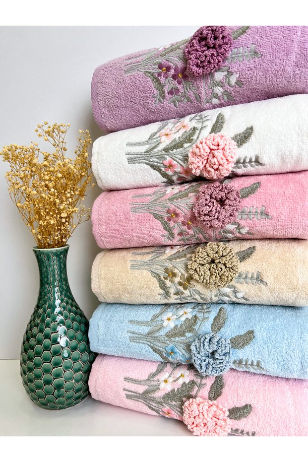 Set of 6 50x90 Hand and Face Towels with 3D Handmade Flower Embroidery